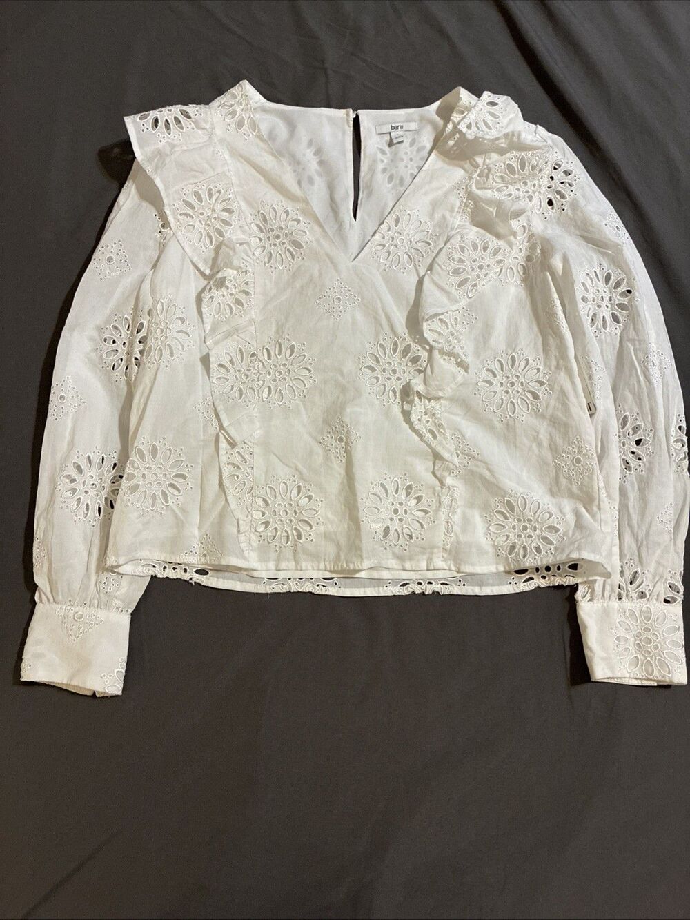 NWT BAR III Women's White Cotton V-Neck Ruffled Eyelet Long-Sleeve Top SZ Large